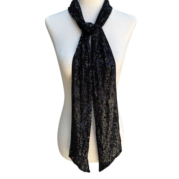 Valerie Stevens Vintage Womens Black Glam Party Sequin Mesh Scarf Wrap Belt Tie - Picture 1 of 4